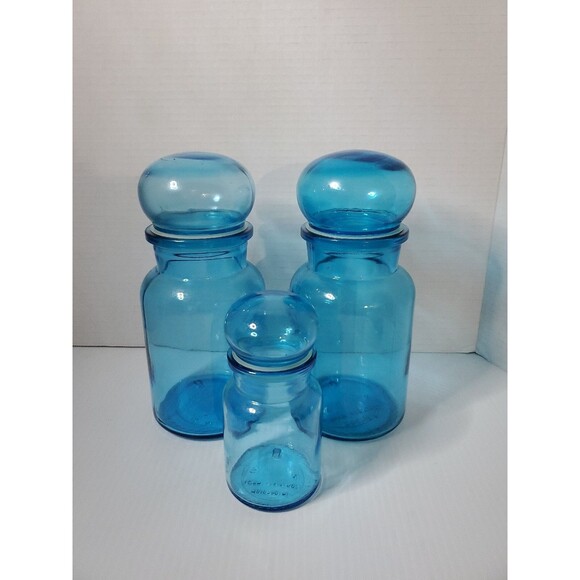 RARE Vtg Blue Glass Apothecary Bubble Lid Jars Bottles Set Of 3 MCM Belgium - Picture 1 of 14
